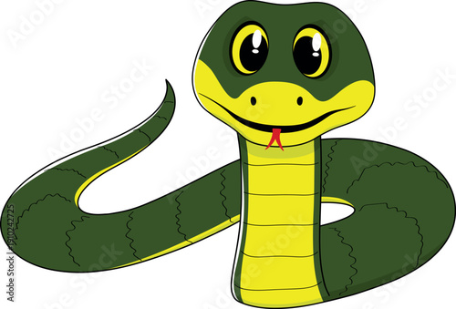A green snake with a yellow belly looks at us and smiles.