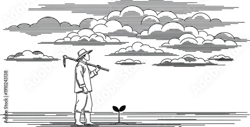 A black and white illustration of a person looking up at clouds isolated on transparent background
