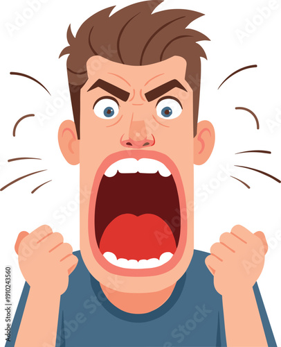 Angry and Frustrated Young Man Shouting Out Loud with Open Mouth and Clenched Fists Representing Stress, Rage, and Emotional Outburst Flat Vector Illustration
