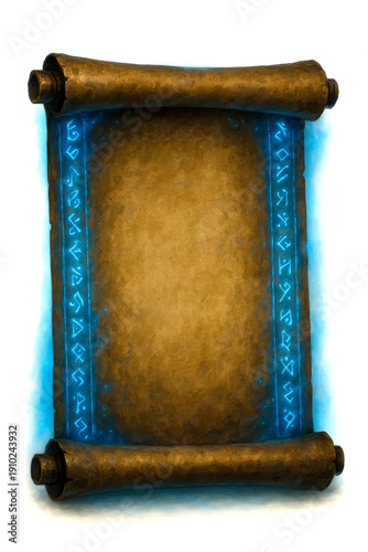 A mystical ancient parchment scroll unfurled, adorned with glowing blue runes, radiating a powerful sense of ancient wisdom and magical enchantment. Ideal for fantasy graphic design