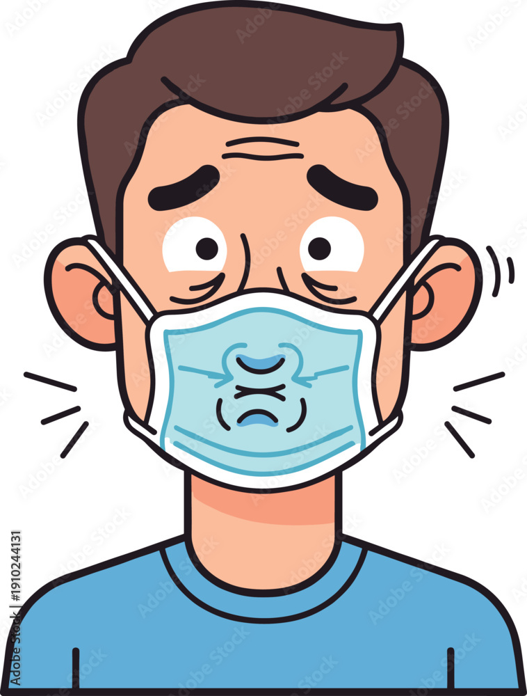 Obraz premium Cartoon Character Man Wearing Protective Face Mask Incorrectly Suctioned to Mouth Showing Difficulty Breathing and Discomfort for Health and Safety Concepts