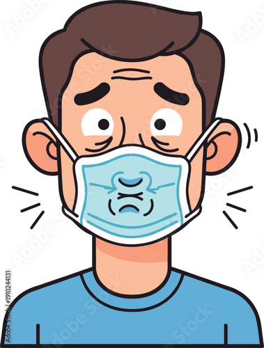 Cartoon Character Man Wearing Protective Face Mask Incorrectly Suctioned to Mouth Showing Difficulty Breathing and Discomfort for Health and Safety Concepts