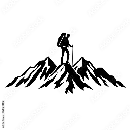 Hiker on Mountain Peak Vector – Adventure Outdoor Silhouette