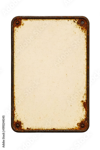 Rustic empty weathered metal sign with aged texture and rusty corners, isolated on white background for retro design