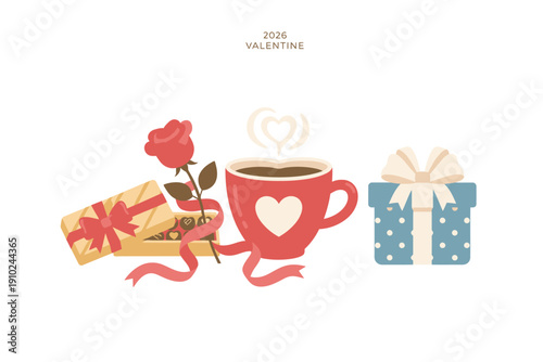 Valentines Day Coffee Cup with Heart and Gifts in Flat Design for Greeting Card