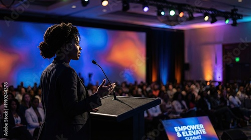 Silhouette of African American woman speaking at business dais concept. A speaker inspiring an audience at a professional conference event.