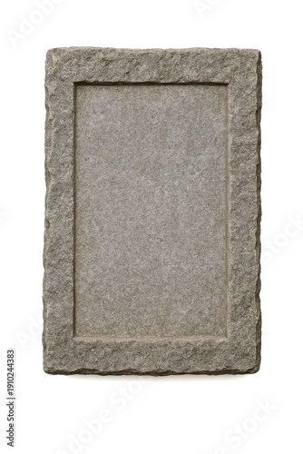 Rough textured grey stone plaque with an empty rectangular inner frame, providing natural copy space for text or design on a clean white background