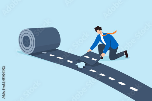 Flat illustration of businessman repairing broken road career recovery corrective action strategic solution and professional development process