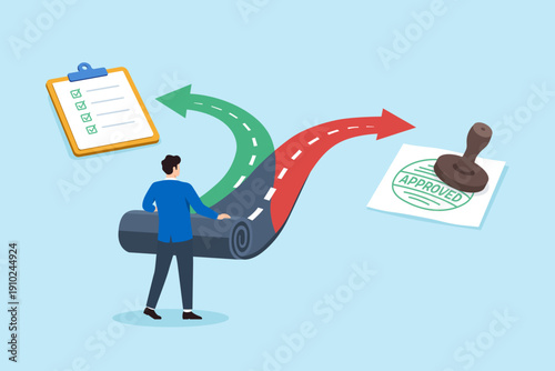 Bild auf Leinwand Flat illustration of businessman unrolling road choosing between two directional