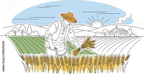 Farmer isolated on transparent background harvesting wheat in a field with a farm and mountains