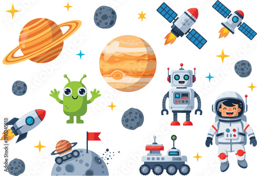 Colorful Space Exploration Vector Set Featuring Astronaut, Alien, Robot, Planets, Satellites, and Rocket for Educational Science and Children's Galaxy Themed Designs