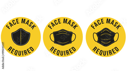 face mask required signs, yellow circle, black mask, health safety