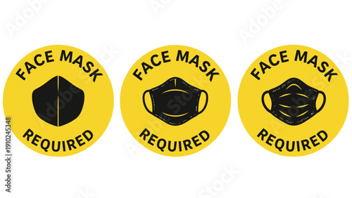 face mask required signs, yellow circles, coronavirus protection