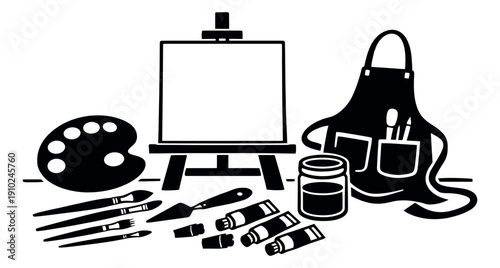 Line art artist supplies set featuring an easel, canvas, palette, brushes, and paint tubes for artistic creation and education