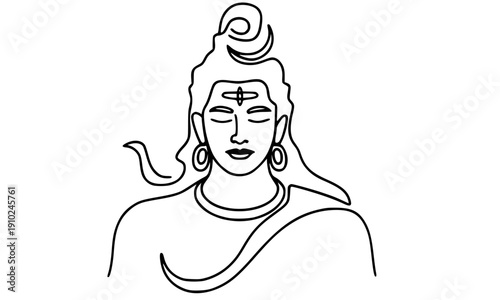 Lord Shiva Line Art Portrait Illustration with Serpent and Third Eye, Hindu God Black and White Sketch for Tattoo Design, Minimalist Spiritual Coloring Page Template