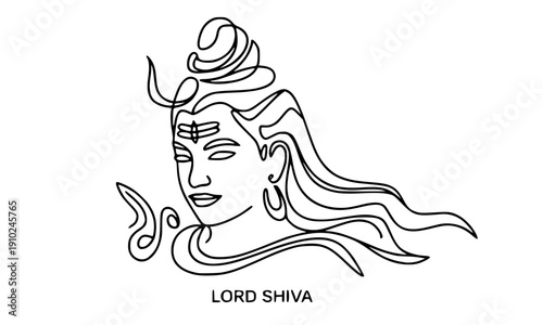  Lord Shiva Side Profile Line Art with Flowing Hair and Third Eye, Hindu God Elegant Sketch for Tattoo Wall Art Design, Spiritual Black and White Illustration Template