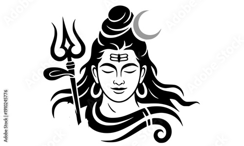  Lord Shiva Black Silhouette with Trident and Flowing Hair, Hindu God Bold Vector Illustration for Tattoo Logo Design, Spiritual Deity Sticker Art Template