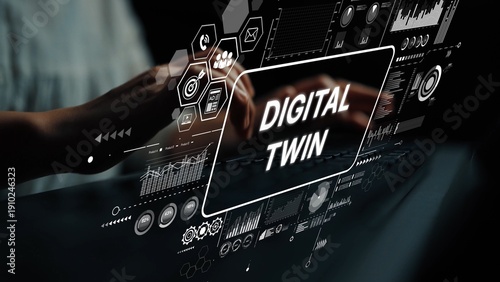 Bild auf Leinwand Conceptual representation of digital twin technology showcasing user interaction with data visualization dashboard