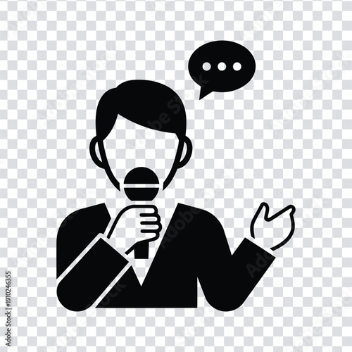 A black silhouette of a man speaking into a microphone with a speech bubble