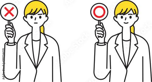 マルバツ札を持つ女性の医者イラスト