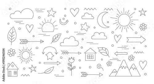 Collection of hand-drawn nature and weather elements in a doodle style.