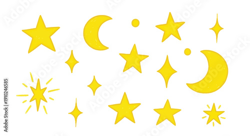 Collection of Hand-Drawn Yellow Stars and Crescent Moons on White Background.