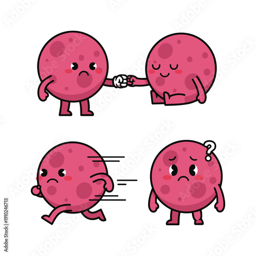 Cartoon cells holding hands and breaking apart in a metaphor for relationships or connections