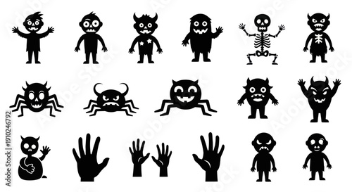 Collection of Silhouettes of Various Monsters and Creatures.