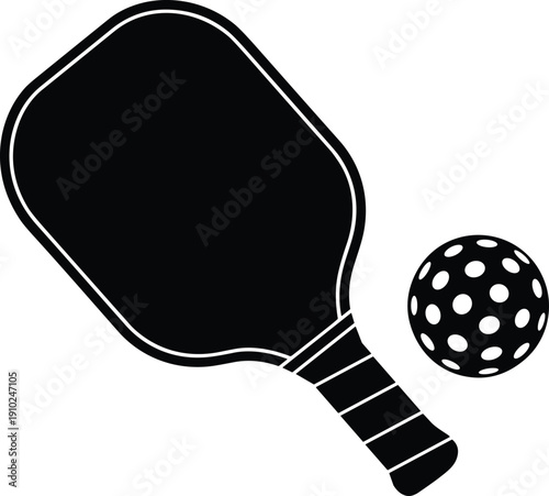 Black silhouette pickleball paddle and perforated ball vector illustration isolated on white background for sports equipment, recreational activity, and competitive game design concept