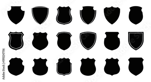 Collection of various black shield shapes for security and protection.