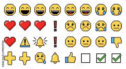 Collection of various pixelated emojis and symbols for digital communication.