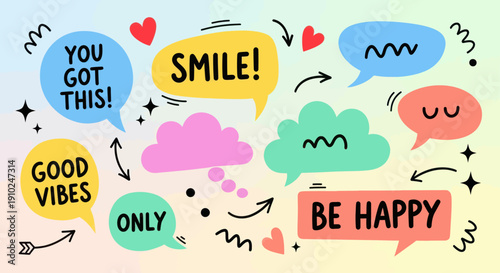 Colorful Speech Bubbles with Positive Messages and Hand Drawn Elements.