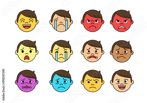 Collection of Cartoon Boy Faces Showing Diverse Emotions And Facial Expressions For Communication And Learning Needs