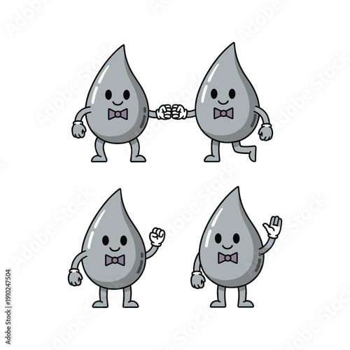 Cartoon water droplets with bow ties in various poses and actions