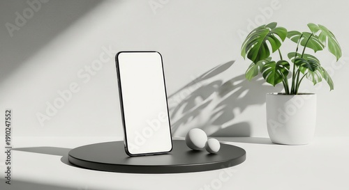 Smartphone mockup on a black stand with a plant and eggs on a white table