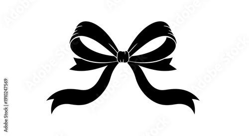 Elegant Black Ribbon Bow Silhouette Isolated on White Background.