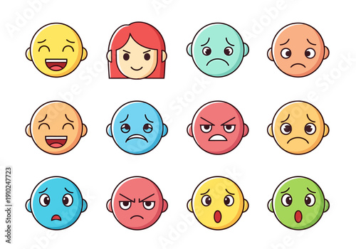 Collection of Round Faces Expressing Diverse Emotions and Moods Illustrated With Different Facial Features and Colors For Communication Concepts
