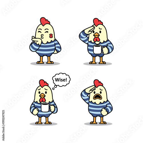 Cartoon chicken expressing different emotions with comical gestures and facial expressions
