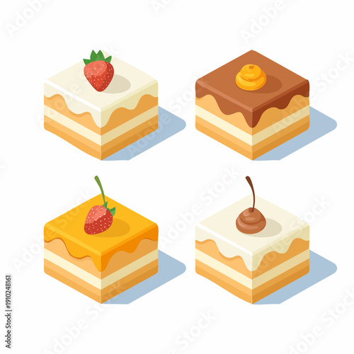 Set of Four Isometric Layer Cakes with Different Toppings and Flavors