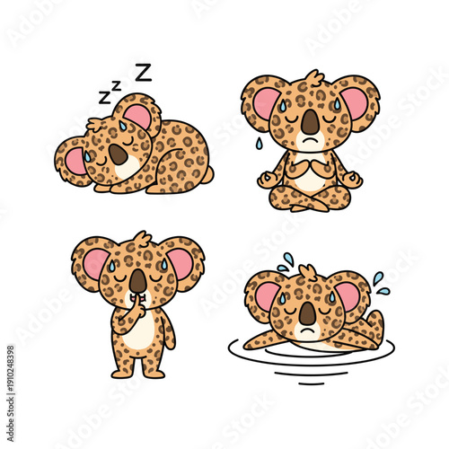 Cute cartoon koala feeling stressed and overwhelmed in different situations with copy space
