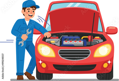 Friendly Professional Auto Mechanic in Blue Uniform Holding Wrench and Inspecting Engine Under the Hood of a Red Car for Repair Service Concepts
