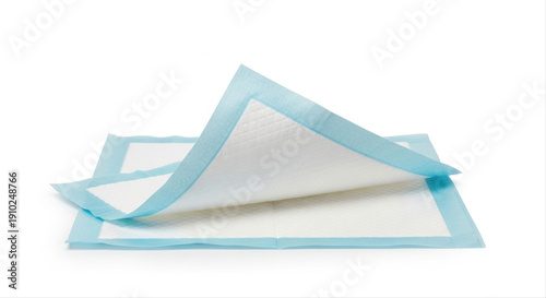 Blue-edged puppy training pad isolated on white background with a layered design, emphasizing clean and hygienic pet care essentials