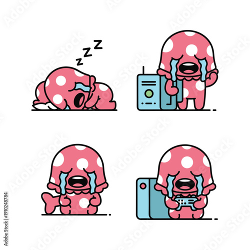 Cartoon character feeling tired and using alarm clock in different scenarios with copy space
