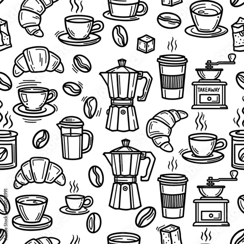 A seamless pattern of coffee cups, croissants, and coffee makers on a white background, viewed from directly above.