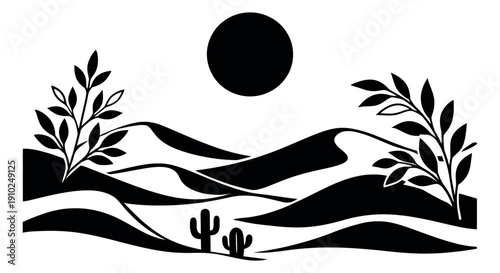 Minimalist graphic illustration of a desert landscape depicting a serene desert scene for nature and travel concepts