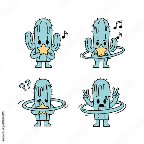 Cute cartoon cacti dancing with hula hoop and star, fun and playful illustration