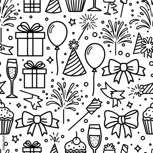 Celebratory elements in a seamless pattern including balloons, gifts, and fireworks.