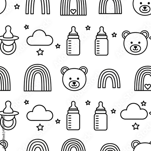 A pattern of baby-themed illustrations featuring bears, rainbows, and baby bottles on a plain white background.