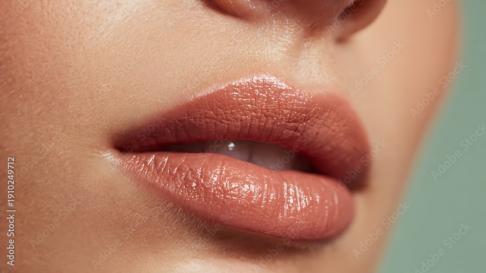Fototapeta premium Close-up shot of a lip liner model showcasing glossy lipstick on lips