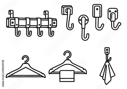 Line art home organization set featuring various wall hooks, a coat rack, and clothes hangers for storage solutions